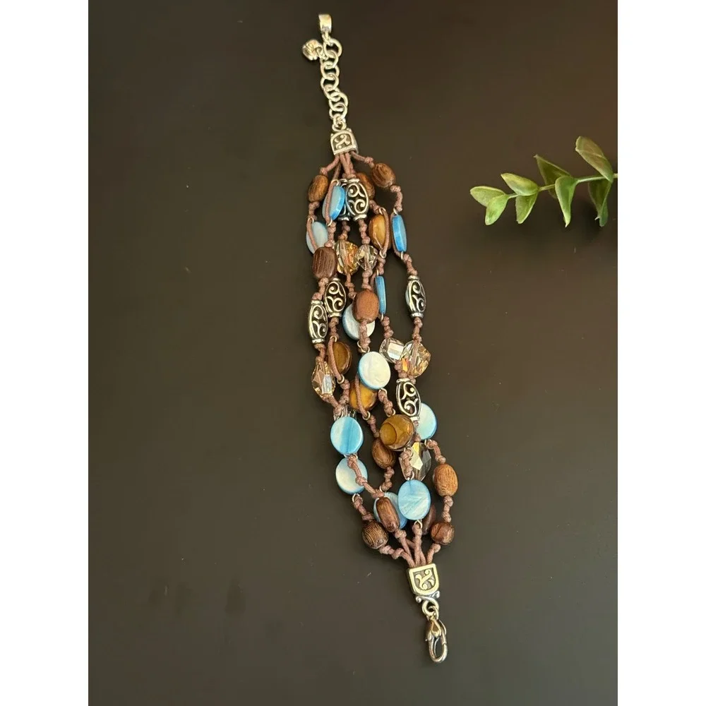 Brighton Multi Strand Beaded Bracelet Blue Shell Wood Crystal Silver Tone 7-8